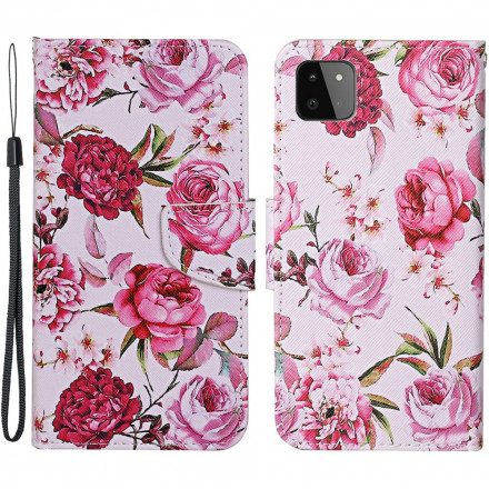 Fodral För Samsung Galaxy A22 5G Mästerliga Blommor Med Rem