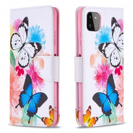 Fodral För Samsung Galaxy A22 5G Målade Fjärilar Och Blommor