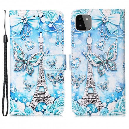 Fodral För Samsung Galaxy A22 5G Med Kedjar Eiffeltornsfjärilar Med Rem