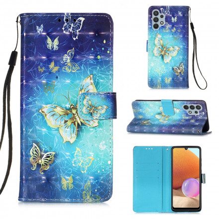 Fodral För Samsung Galaxy A32 4G Golden Butterflies Lanyard
