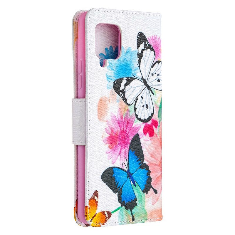 Fodral För Samsung Galaxy A42 5G Målade Fjärilar Och Blommor