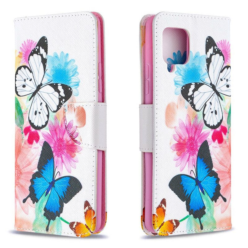 Fodral För Samsung Galaxy A42 5G Målade Fjärilar Och Blommor