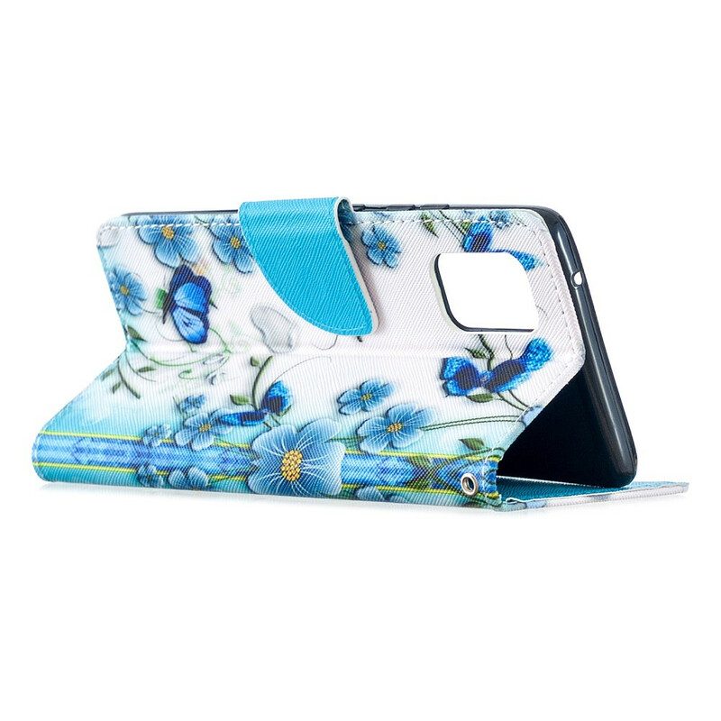 Fodral För Samsung Galaxy A51 5G Med Kedjar Blå Fjärilar Och Blommor Med Rem