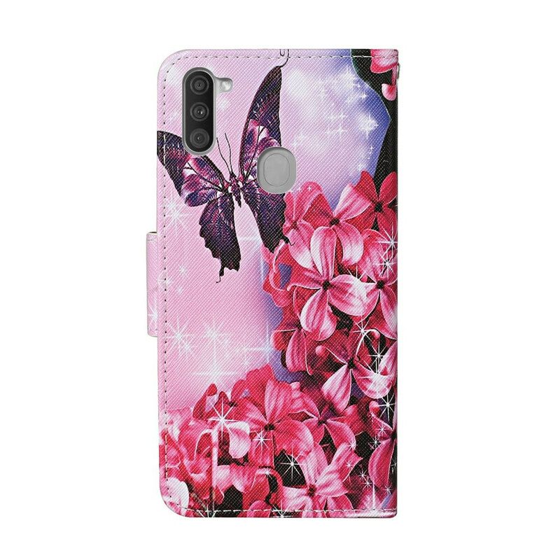 Fodral För Samsung Galaxy M11 Blommiga Fjärilsrem