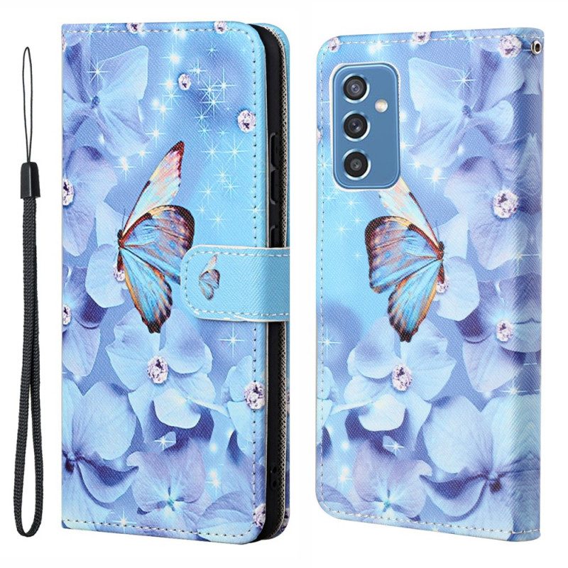 Fodral För Samsung Galaxy M52 5G Med Kedjar Fjärilar Med Diamantband