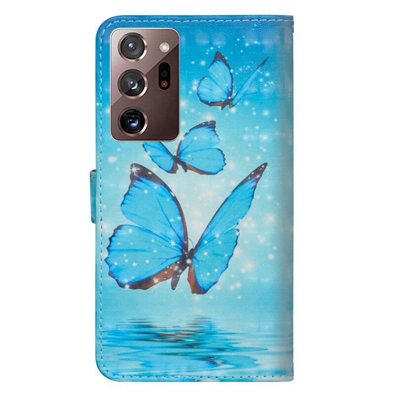 Fodral För Samsung Galaxy Note 20 Ultra Flygande Blå Fjärilar