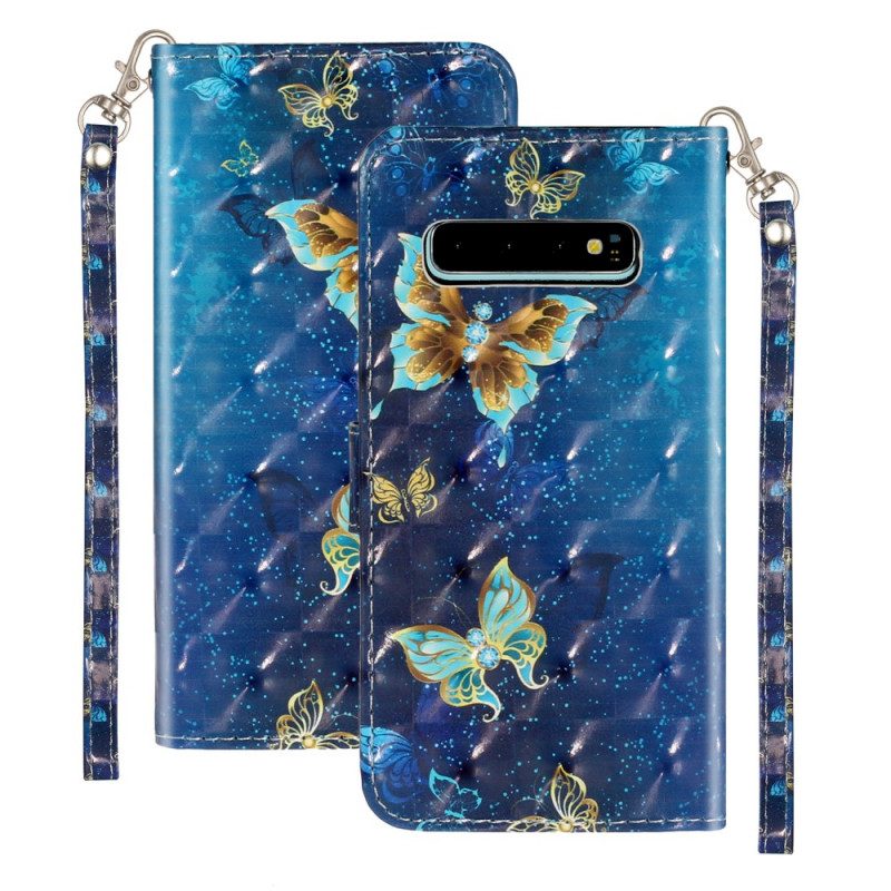 Fodral För Samsung Galaxy S10 Plus Golden Butterflies Lanyard