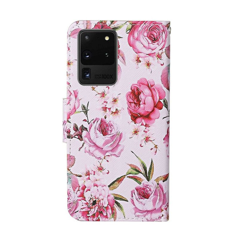 Fodral För Samsung Galaxy S20 Ultra Mästerliga Blommor Med Rem