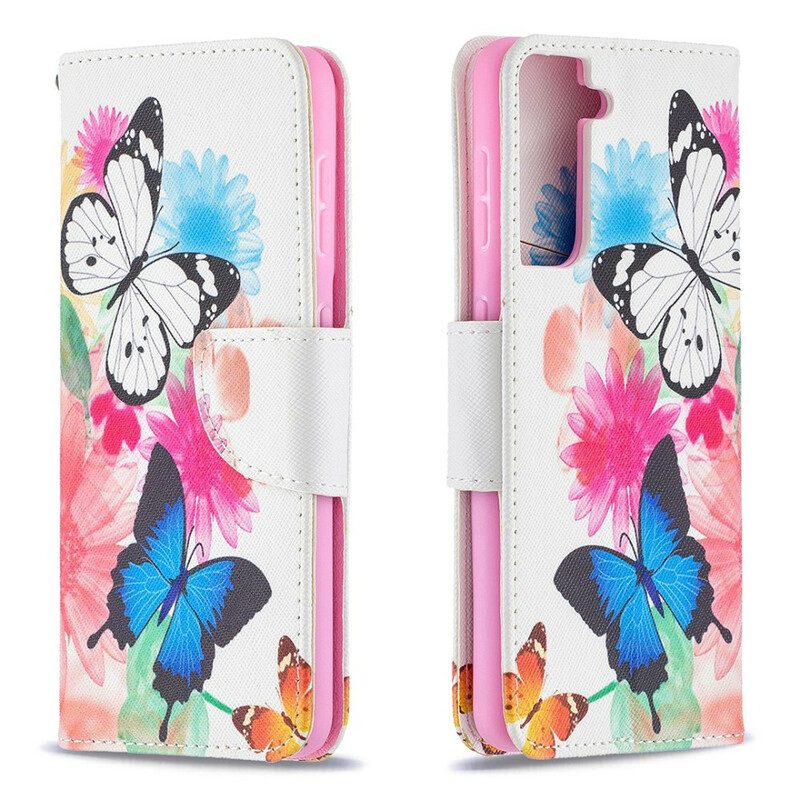 Fodral För Samsung Galaxy S21 5G Målade Fjärilar Och Blommor