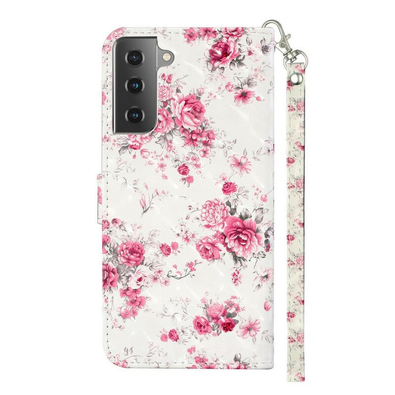 Fodral För Samsung Galaxy S21 5G Med Kedjar Blommor Ljusa Fläckar Med Rem