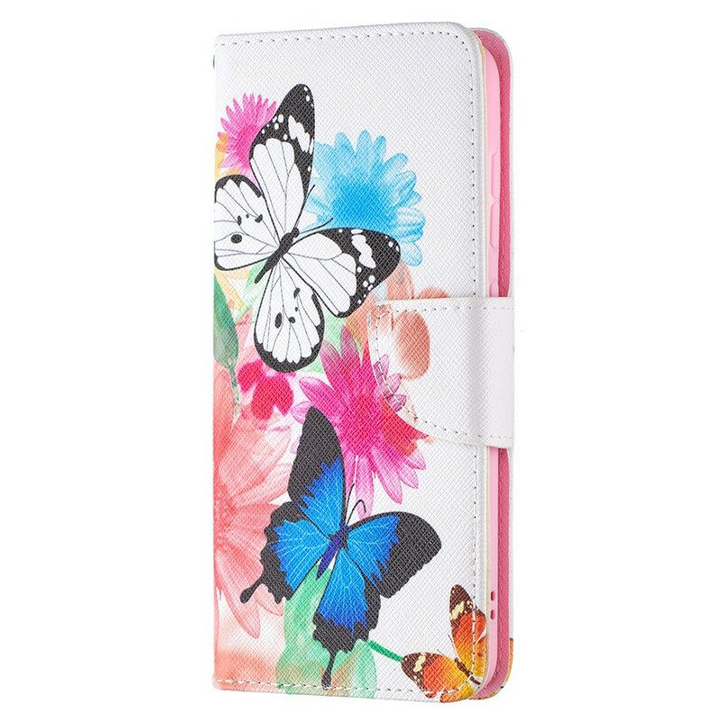 Fodral För Samsung Galaxy S21 FE Målade Fjärilar Och Blommor