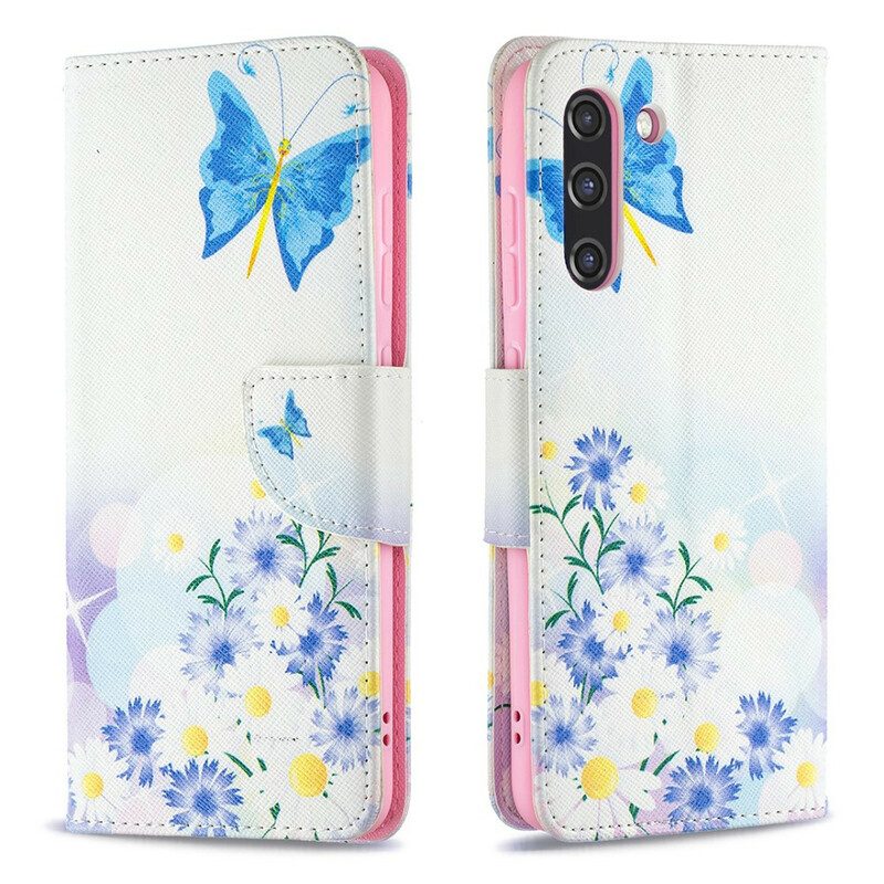 Fodral För Samsung Galaxy S21 FE Målade Fjärilar Och Blommor