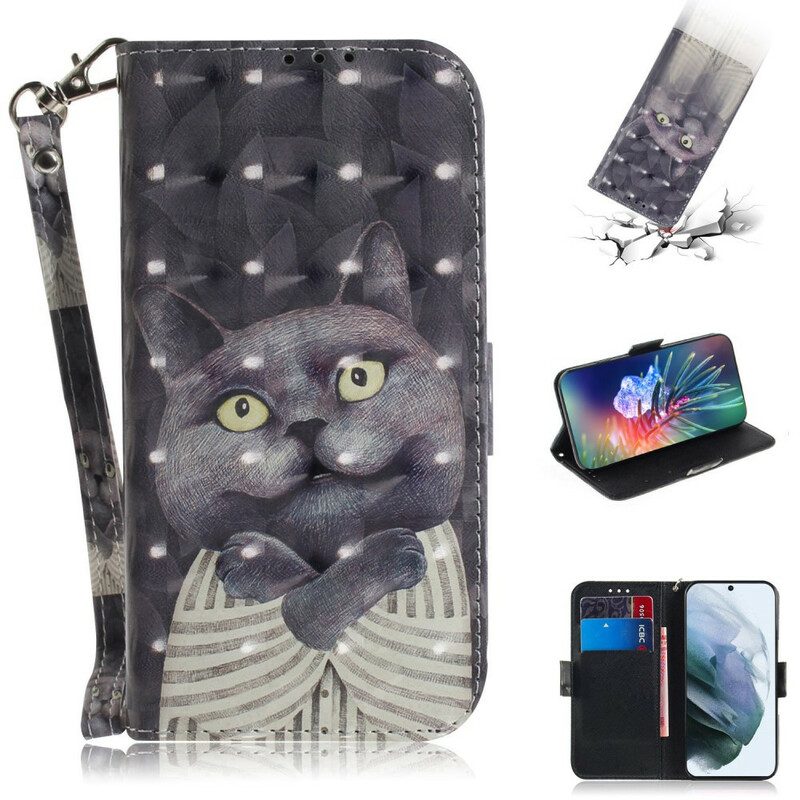 Fodral För Samsung Galaxy S21 FE Med Kedjar Grå Strappy Cat