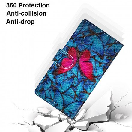 Fodral För Samsung Galaxy S21 Ultra 5G Röd Fjäril På Blå Bakgrund