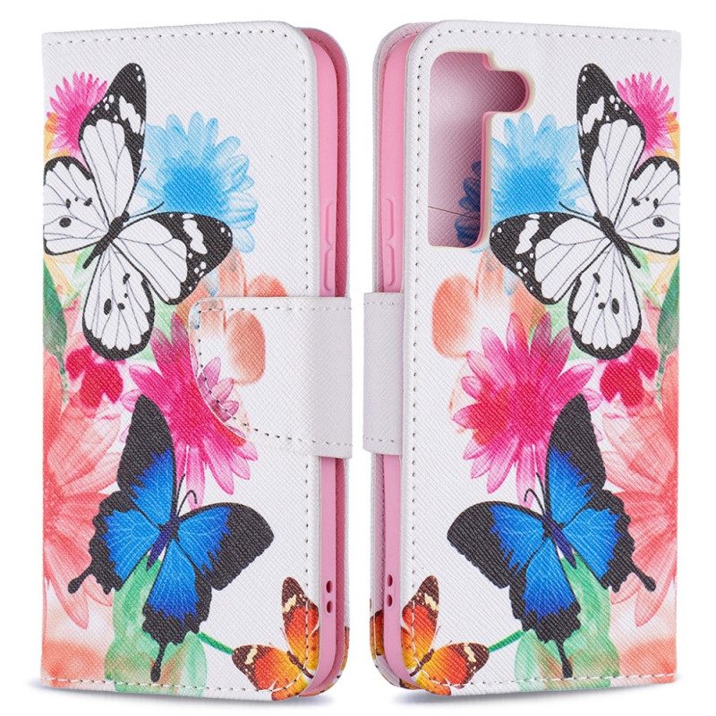 Fodral För Samsung Galaxy S22 5G Målade Fjärilar Och Blommor