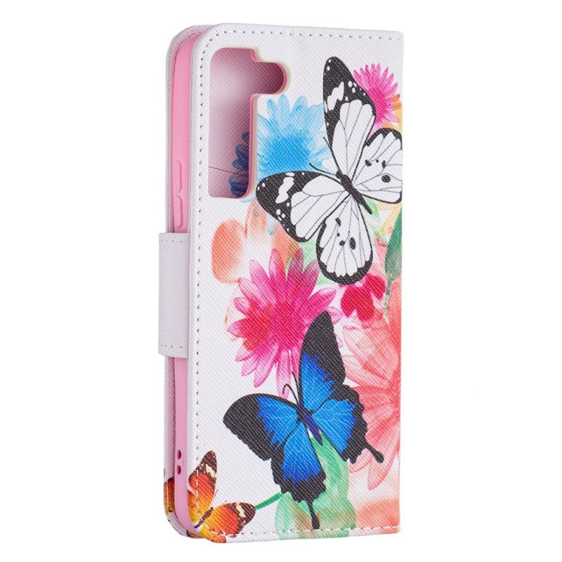 Fodral För Samsung Galaxy S22 5G Målade Fjärilar Och Blommor