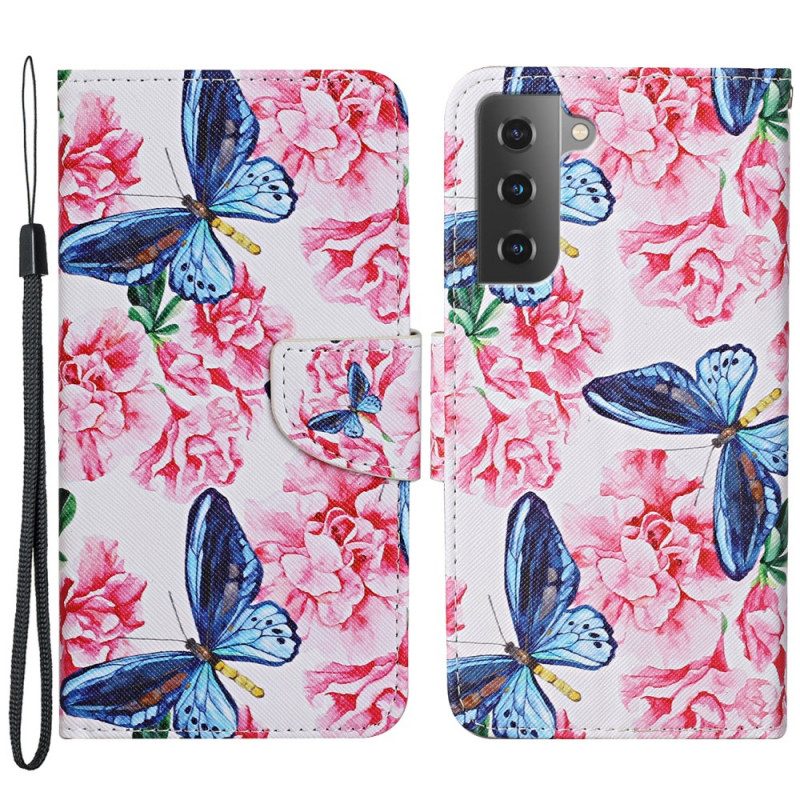 Fodral För Samsung Galaxy S22 Plus 5G Blommiga Fjärilsrem