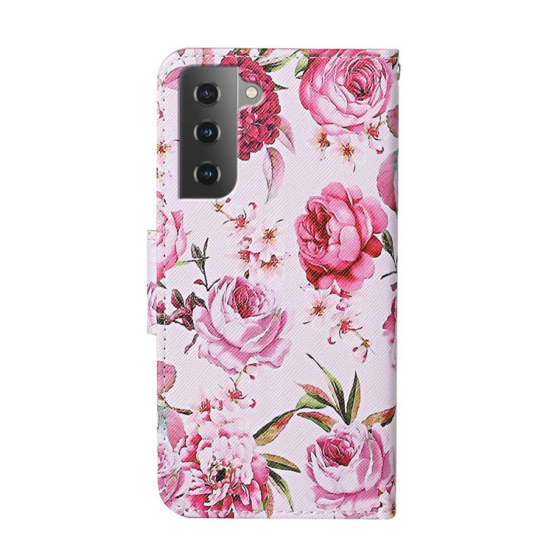 Fodral För Samsung Galaxy S22 Plus 5G Mästerliga Blommor Med Rem