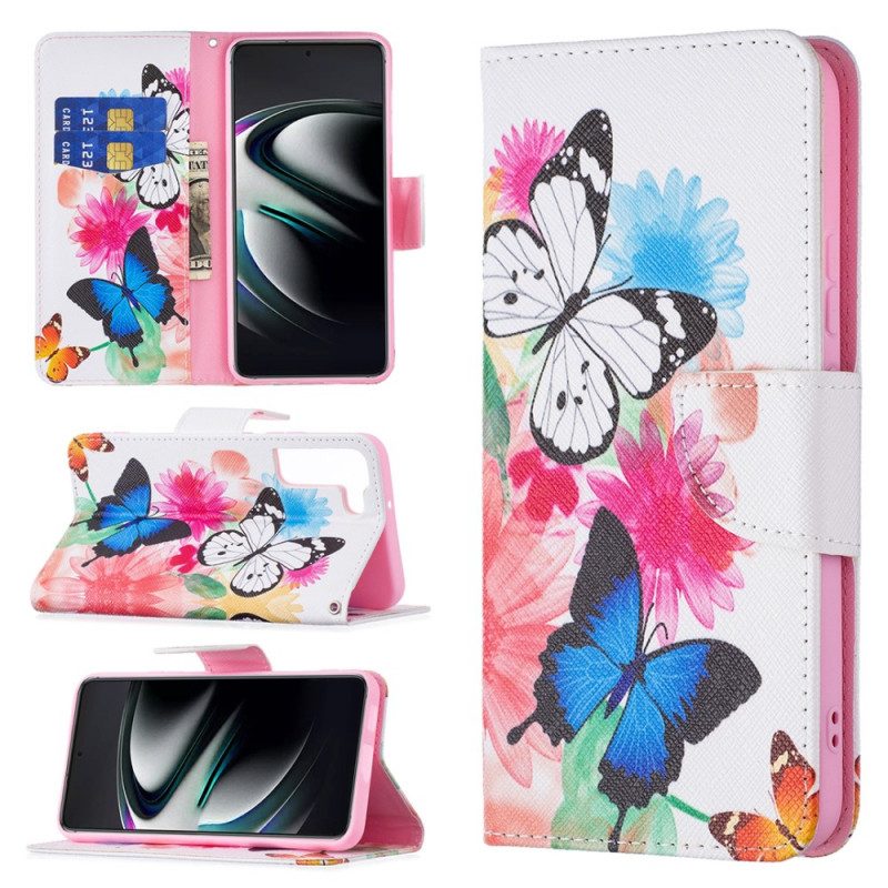 Fodral För Samsung Galaxy S22 Plus 5G Målade Fjärilar Och Blommor