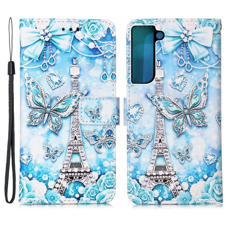 Fodral För Samsung Galaxy S22 Plus 5G Med Kedjar Eiffeltornsfjärilar Med Rem