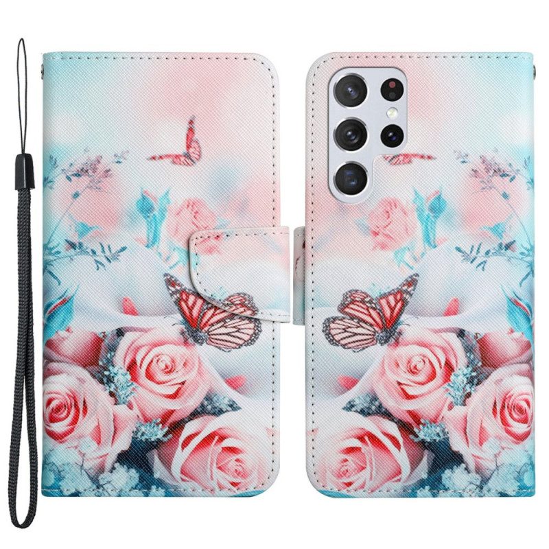 Fodral För Samsung Galaxy S22 Ultra 5G Bukett Av Blommor Och Fjärilar