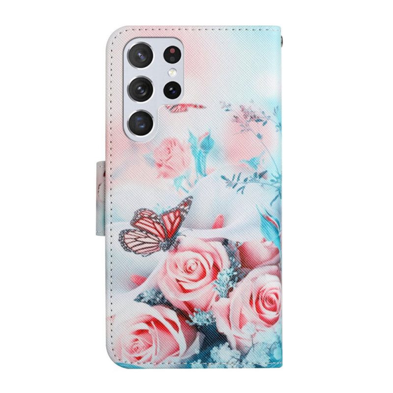 Fodral För Samsung Galaxy S22 Ultra 5G Bukett Av Blommor Och Fjärilar