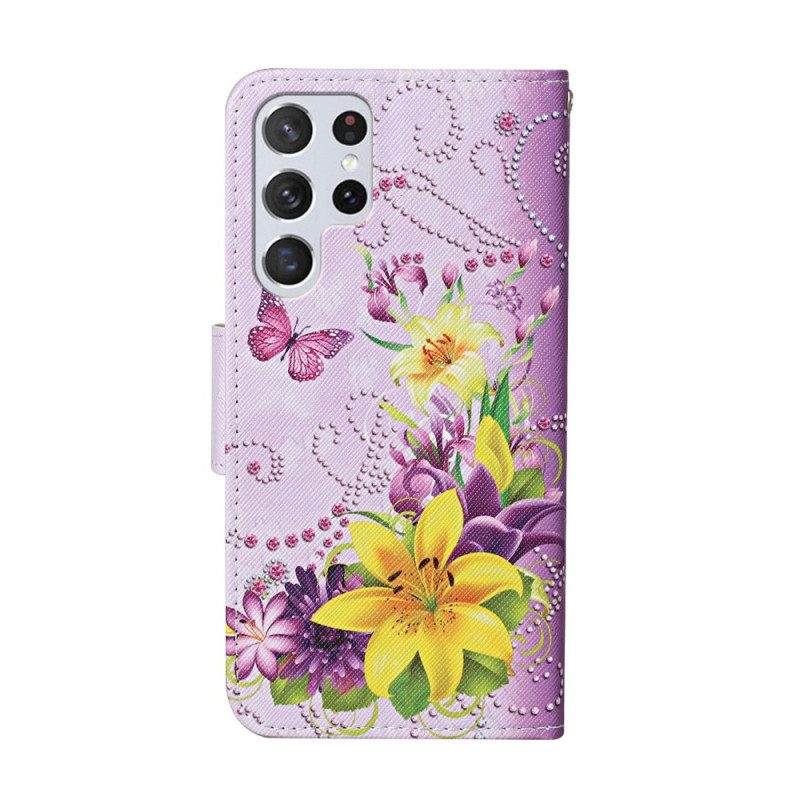 Fodral För Samsung Galaxy S22 Ultra 5G Mästerliga Blommor Med Rem