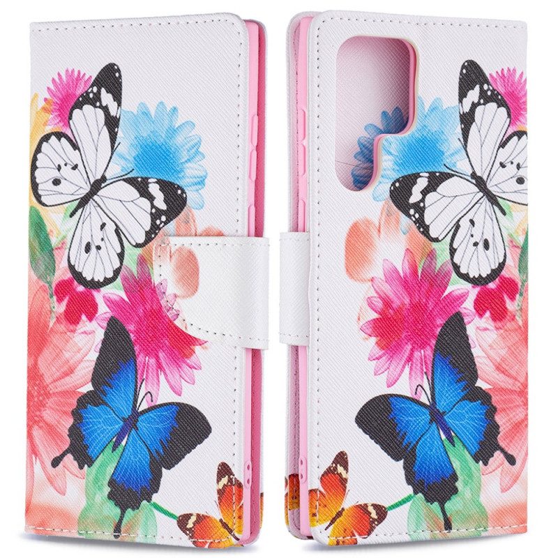 Fodral För Samsung Galaxy S22 Ultra 5G Målade Fjärilar Och Blommor