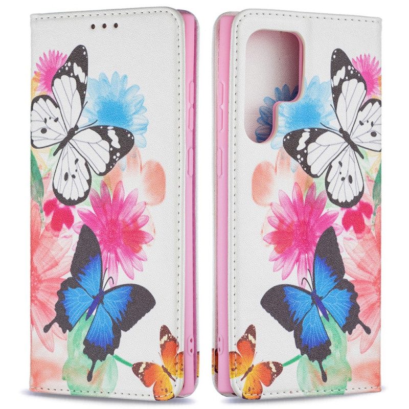 Fodral För Samsung Galaxy S22 Ultra 5G Målade Fjärilar Och Blommor