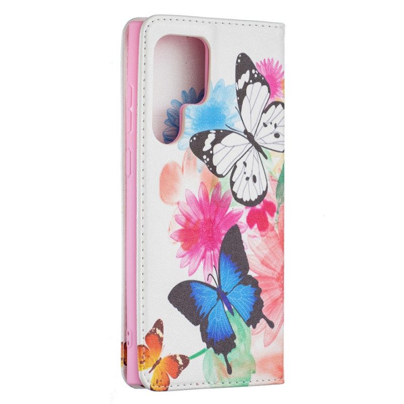 Fodral För Samsung Galaxy S22 Ultra 5G Målade Fjärilar Och Blommor