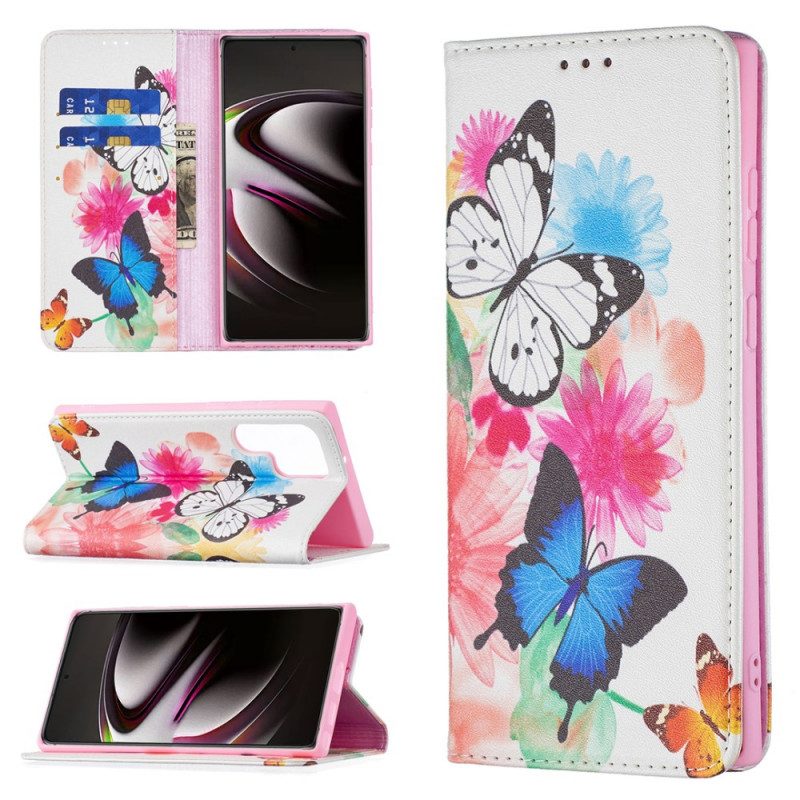 Fodral För Samsung Galaxy S22 Ultra 5G Målade Fjärilar Och Blommor