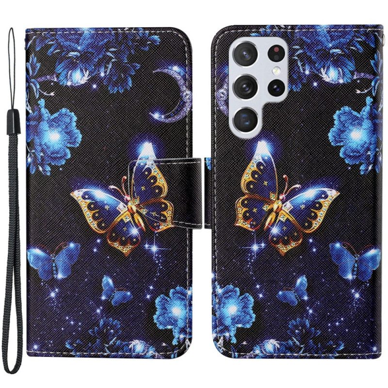 Fodral För Samsung Galaxy S22 Ultra 5G Med Kedjar Ädelbara Fjärilar
