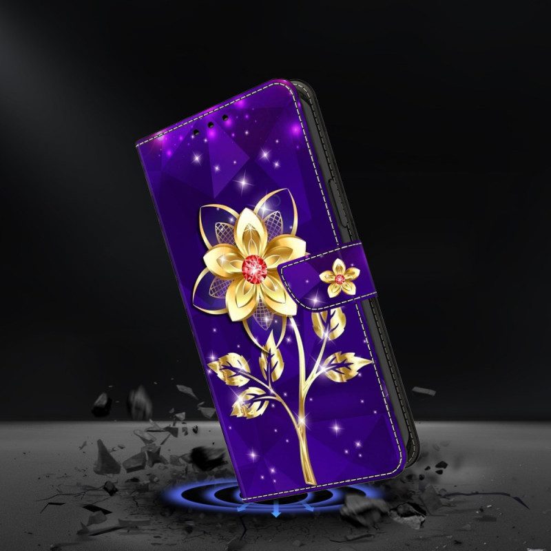 Fodral För Samsung Galaxy S25 Fe Gyllene Blommor På Lila Bakgrund