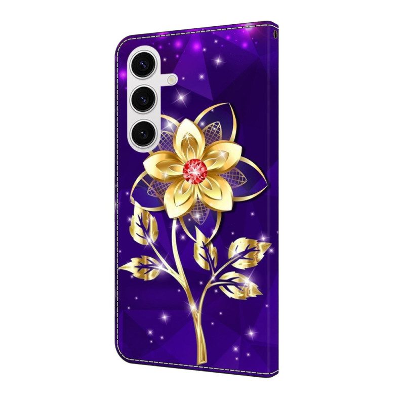 Fodral För Samsung Galaxy S25 Fe Gyllene Blommor På Lila Bakgrund