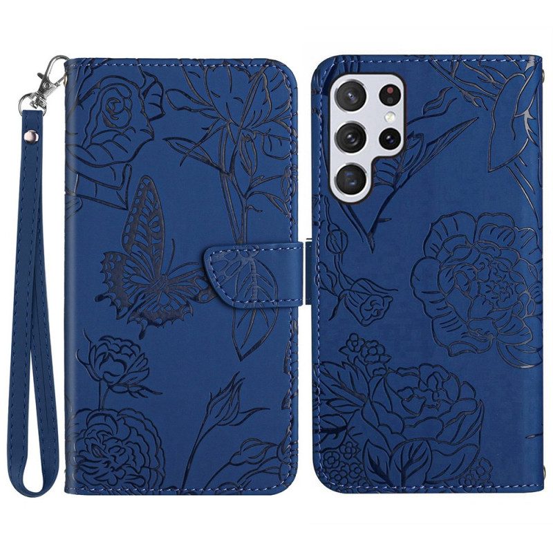 Fodral För Samsung Galaxy S25 Ultra 5g Fjärilstryck Med Rem