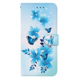 Fodral För Samsung Galaxy S26 Blå Fjärilar Och Blommor
