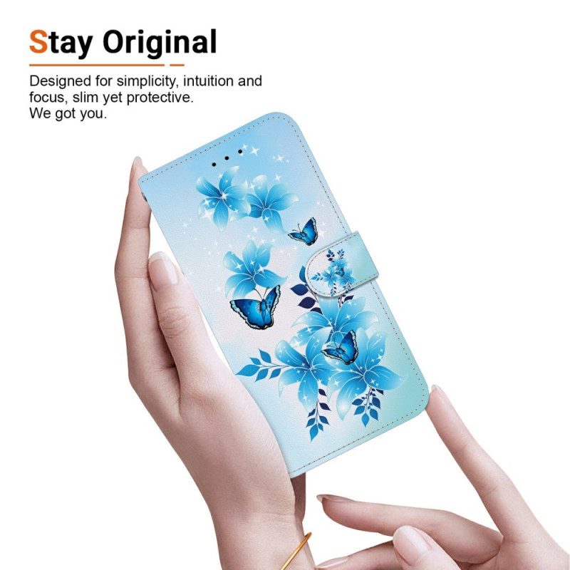 Fodral För Samsung Galaxy S26 Blå Fjärilar Och Blommor