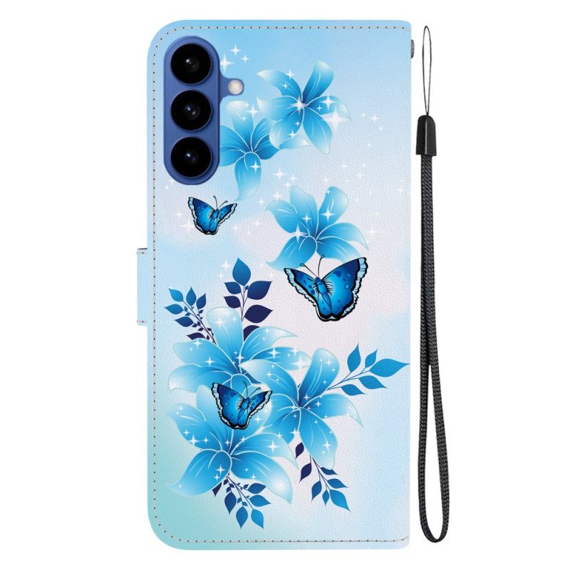 Fodral För Samsung Galaxy S26 Blå Fjärilar Och Blommor