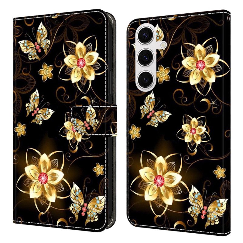 Fodral För Samsung Galaxy S26 Plus Guldblommor Och Fjärilar