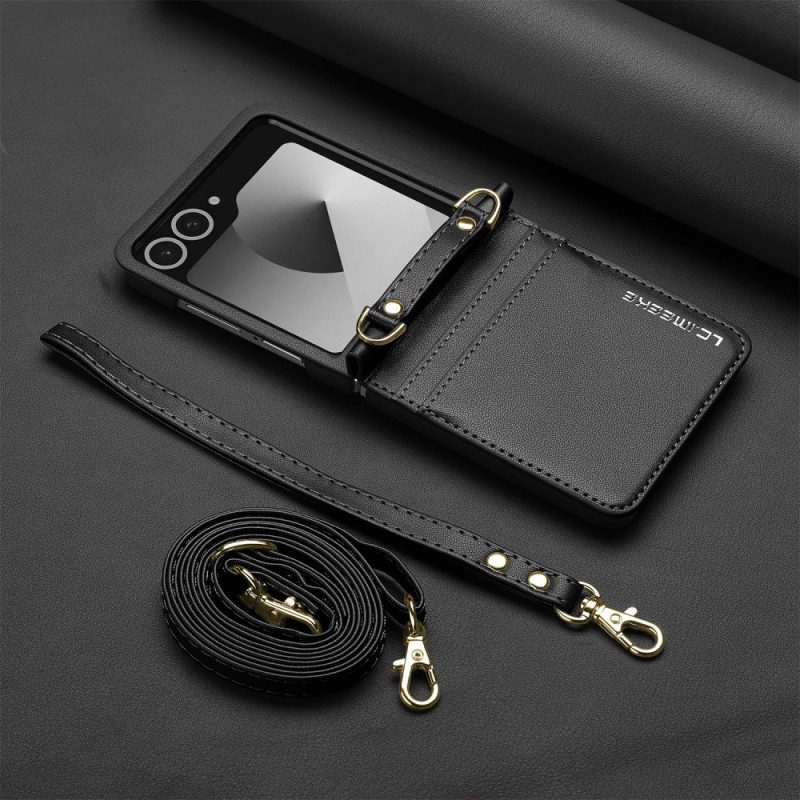 Fodral Samsung Galaxy Z Flip 7 Korthållare Och Axelrem I Läderstil