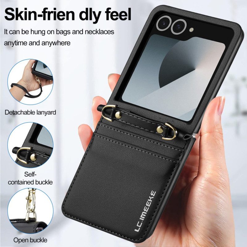 Fodral Samsung Galaxy Z Flip 7 Korthållare Och Axelrem I Läderstil