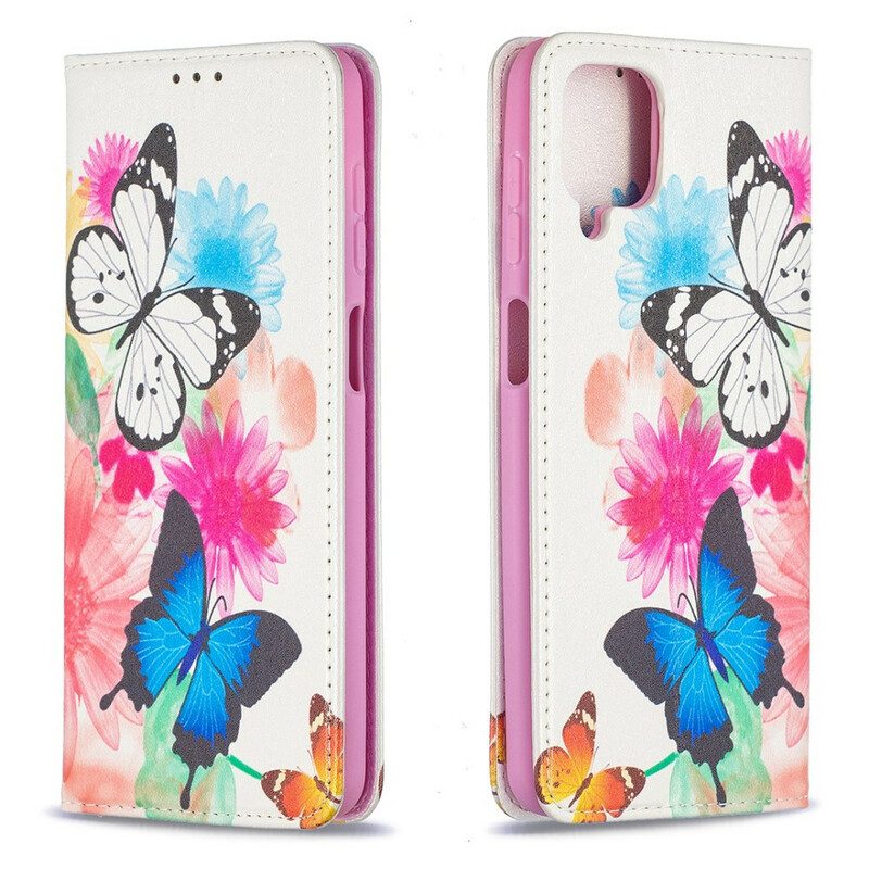 Folio-fodral För Samsung Galaxy A12 / M12 Läderfodral Färgglada Fjärilar