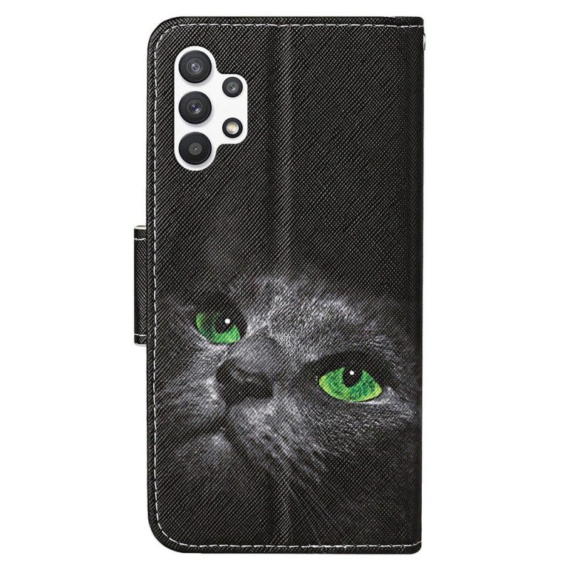 Folio-fodral För Samsung Galaxy A13 Med Kedjar Grönögd Katt Med Rem