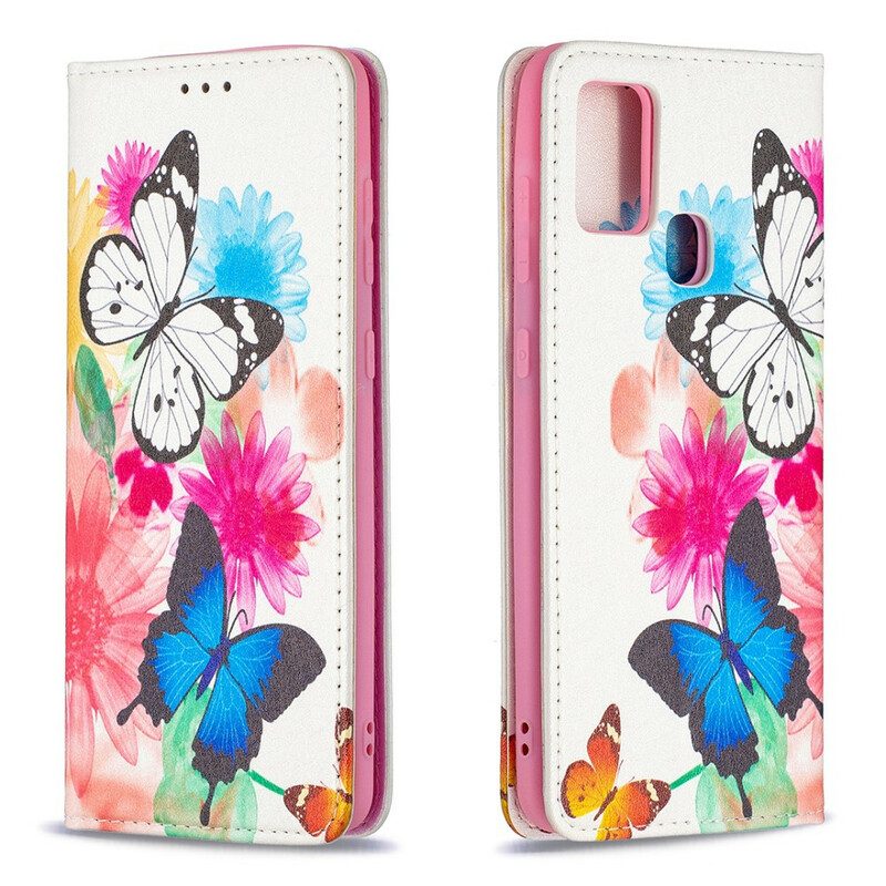 Folio-fodral För Samsung Galaxy A21s Läderfodral Färgglada Fjärilar