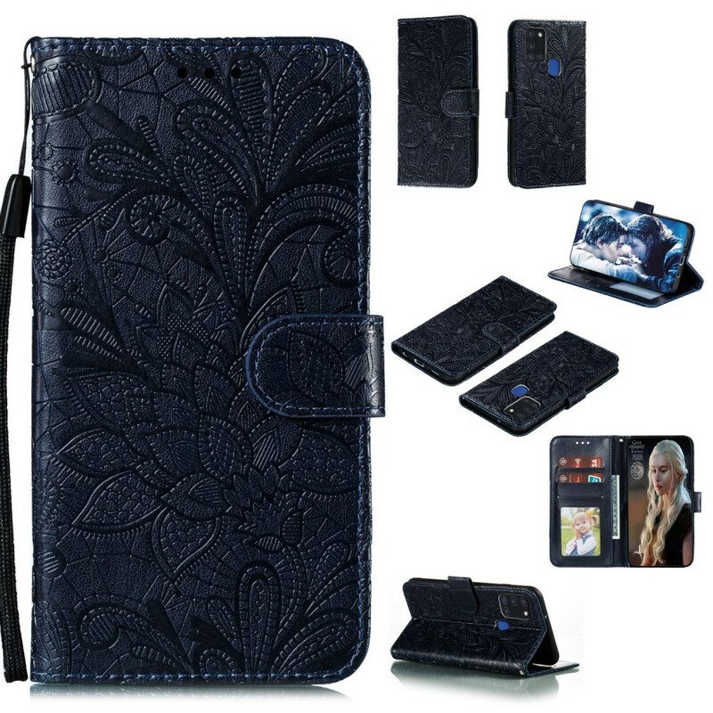 Folio-fodral För Samsung Galaxy A21s Med Kedjar Tribal Strap Blommor