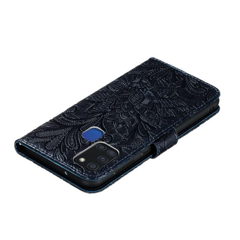 Folio-fodral För Samsung Galaxy A21s Med Kedjar Tribal Strap Blommor