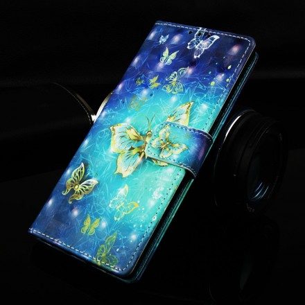 Folio-fodral För Samsung Galaxy A30 / A20 Med Kedjar Gyllene Fjärilar Med Rem