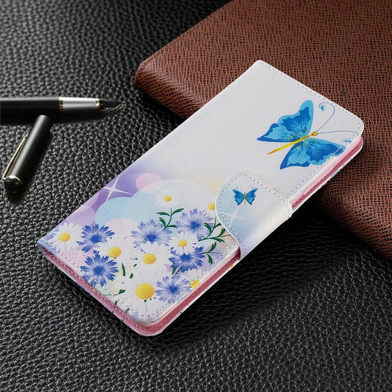 Folio-fodral För Samsung Galaxy A51 Målade Fjärilar Och Blommor