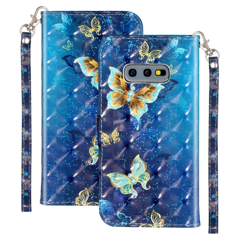 Folio-fodral För Samsung Galaxy S10e Golden Butterflies Lanyard