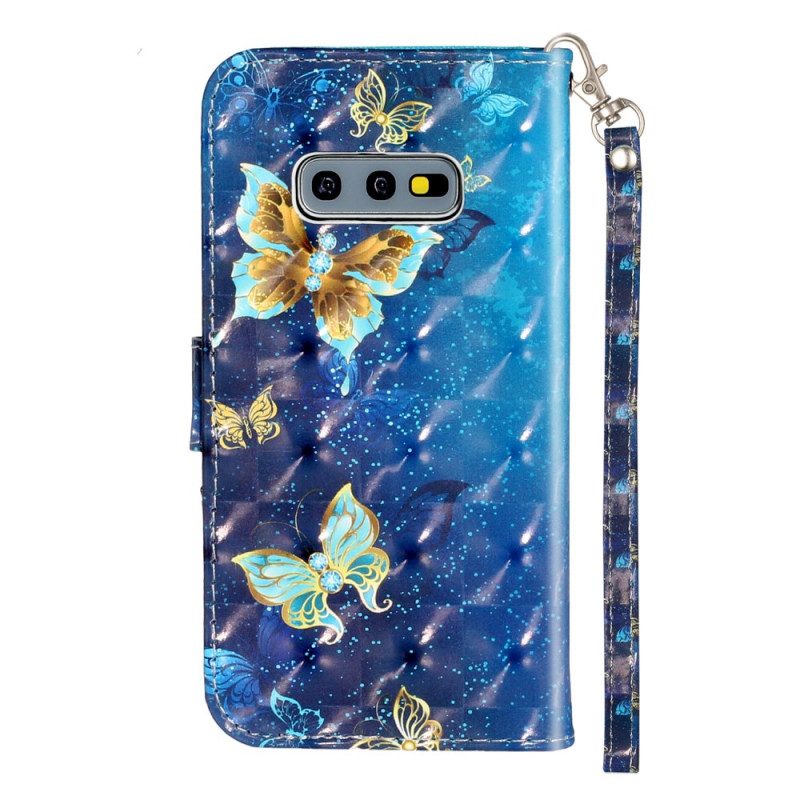 Folio-fodral För Samsung Galaxy S10e Golden Butterflies Lanyard